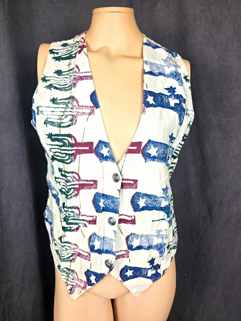 VTG 90s Cowboy Southwestern Vest Medium Patriotic Red White Blue Rodeo Cowgirl